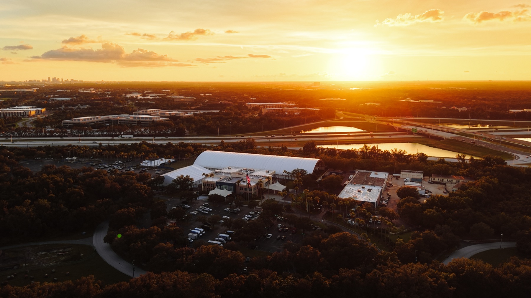 Aerial view of the RMI World Headquarters campus at sunset